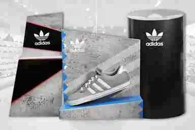 image displays a retail display featuring Adidas branding and products