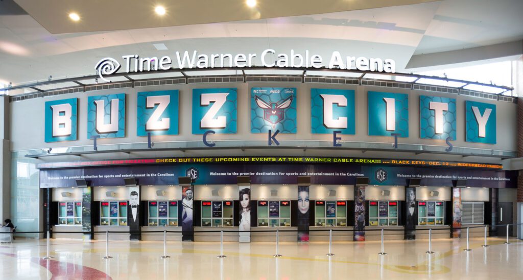 image displays the entrance area of the Spectrum Center, formerly known as the Time Warner Cable Arena, located in Charlotte, North Carolina